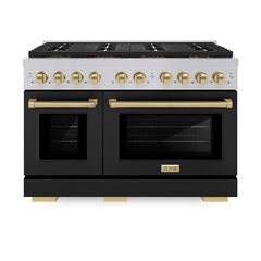 ZLINE 48 in. 6.7 cu. ft. Paramount Gas Range with 8 Burner DuoPro™ Coo - Satin Stainless Steel with Black Matte Door, Champagne Bronze Accents