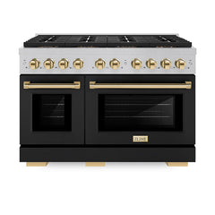 ZLINE 48 in. 6.7 cu. ft. Paramount Gas Range with 8 Burner DuoPro™ Coo - Satin Stainless Steel with Black Matte Door, Polished Gold Accents