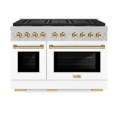 ZLINE 48 in. 6.7 cu. ft. Paramount Gas Range with 8 Burner DuoPro™ Coo - Satin Stainless Steel with White Matte Door, Polished Gold Accents