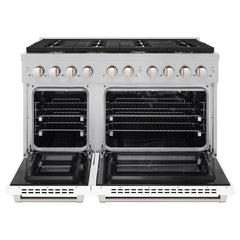 ZLINE 48 in. 6.7 cu. ft. Paramount Double Oven Gas Range with 8 Burner Cooktop in Satin Stainless Steel with White Matte Doors - SGRS-WM-48