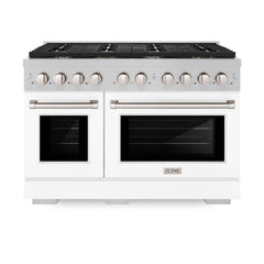 ZLINE 48 in. 6.7 cu. ft. Paramount Double Oven Gas Range with 8 Burner Cooktop in Satin Stainless Steel with White Matte Doors - SGRS-WM-48