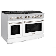 ZLINE 48 in. 6.7 cu. ft. Paramount Double Oven Gas Range with 8 Burner Cooktop in Satin Stainless Steel with White Matte Doors - SGRS-WM-48