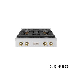 ZLINE 30 in. Paramount Gas Rangetop with 4 Burner DuoPro™ Cooktop in S - Satin Stainless Steel with Polished Gold Accents