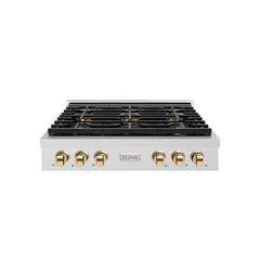 ZLINE 36 in. Paramount Gas Rangetop with 6 Burner DuoPro™ Cooktop in S - Satin Stainless Steel with Polished Gold Accents