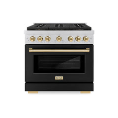 ZLINE 36 in. 5.2 cu. ft. Paramount Dual Fuel Range with 6 Burner DuoPr - Stainless Steel with Black Matte Door, Polished Gold Accents