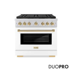 ZLINE 36 in. 5.2 cu. ft. Paramount Dual Fuel Range with 6 Burner DuoPr - Stainless Steel with White Matte Door, Polished Gold Accents