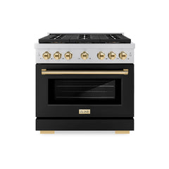 ZLINE 36 in. 5.2 cu. ft. Paramount Gas Range with 6 Burner DuoPro™ Coo - Stainless Steel with Black Matte Door, Polished Gold Accents