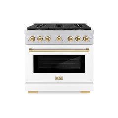 ZLINE 36 in. 5.2 cu. ft. Paramount Gas Range with 6 Burner DuoPro™ Coo - Stainless Steel with White Matte Door, Polished Gold Accents