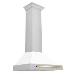 ZLINE Autograph Edition 30 in. Convertible Stainless Steel Range Hood with White Matte Shell and Polished Gold Accents - KB4STZ-WM30-G - The Home Selection