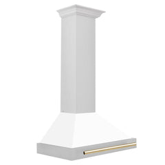 ZLINE Autograph Edition 30 in. Convertible Stainless Steel Range Hood with White Matte Shell and Polished Gold Accents - KB4STZ-WM30-G - The Home Selection