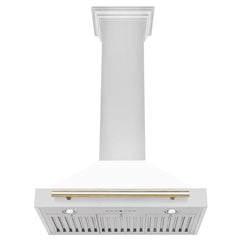 ZLINE Autograph Edition 30 in. Convertible Stainless Steel Range Hood with White Matte Shell and Polished Gold Accents - KB4STZ-WM30-G - The Home Selection