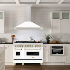 ZLINE Autograph Edition 48 in. Convertible Stainless Steel Range Hood with White Matte Shell and Polished Gold Accents - KB4STZ-WM48-G - The Home Selection