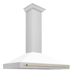 ZLINE Autograph Edition 48 in. Convertible Stainless Steel Range Hood with White Matte Shell and Polished Gold Accents - KB4STZ-WM48-G - The Home Selection