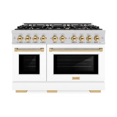 ZLINE Autograph Edition 48 in. 6.7 cu. ft. Select Double Oven Dual Fuel Range with 8 Burner Gas Cooktop in DuraSnow® Stainless Steel with White Matte Doors and Polished Gold Accents - HDRSZ-WM-48-G - The Home Selection