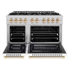 ZLINE Autograph Edition 48 in. 6.7 cu. ft. Select Double Oven Dual Fuel Range with 8 Burner Gas Cooktop in DuraSnow® Stainless Steel with White Matte Doors and Polished Gold Accents - HDRSZ-WM-48-G - The Home Selection