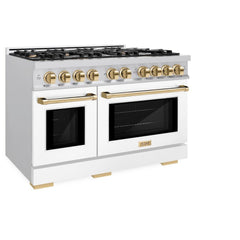 ZLINE Autograph Edition 48 in. 6.7 cu. ft. Select Double Oven Dual Fuel Range with 8 Burner Gas Cooktop in DuraSnow® Stainless Steel with White Matte Doors and Polished Gold Accents - HDRSZ-WM-48-G - The Home Selection