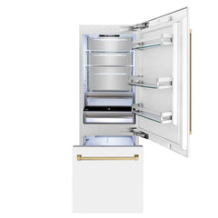 Duplicate ZLINE 30-Inch Autograph Edition 16.1 cu. ft. Built-in 2-Door Bottom Freezer Refrigerator with Internal Water and Ice Dispenser in White Matte with Champagne Bronze Accents (RBIVZ-WM-30-CB) - The Home Selection