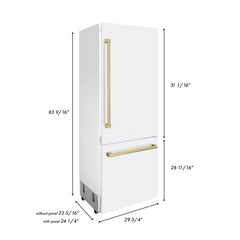 Duplicate ZLINE 30-Inch Autograph Edition 16.1 cu. ft. Built-in 2-Door Bottom Freezer Refrigerator with Internal Water and Ice Dispenser in White Matte with Champagne Bronze Accents (RBIVZ-WM-30-CB) - The Home Selection