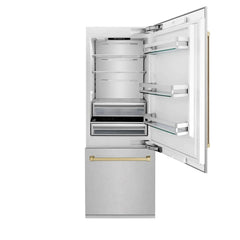 ZLINE 30-Inch Autograph Edition 16.1 cu. ft. Built-in 2-Door Bottom Freezer Refrigerator with Internal Water and Ice Dispenser in Fingerprint Resistant Stainless Steel with Champagne Bronze Accents (RBIVZ-SN-30-CB) - The Home Selection