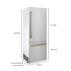 ZLINE 30-Inch Autograph Edition 16.1 cu. ft. Built-in 2-Door Bottom Freezer Refrigerator with Internal Water and Ice Dispenser in Fingerprint Resistant Stainless Steel with Champagne Bronze Accents (RBIVZ-SN-30-CB) - The Home Selection