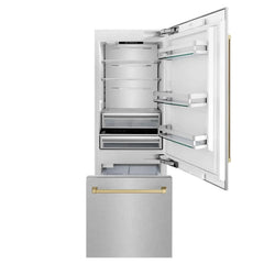 ZLINE 30-Inch Autograph Edition 16.1 cu. ft. Built-in 2-Door Bottom Freezer Refrigerator with Internal Water and Ice Dispenser in Fingerprint Resistant Stainless Steel with Champagne Bronze Accents (RBIVZ-SN-30-CB) - The Home Selection