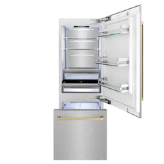 ZLINE 30-Inch Autograph Edition 16.1 cu. ft. Built-in 2-Door Bottom Freezer Refrigerator with Internal Water and Ice Dispenser in Fingerprint Resistant Stainless Steel with Champagne Bronze Accents (RBIVZ-SN-30-CB) - The Home Selection