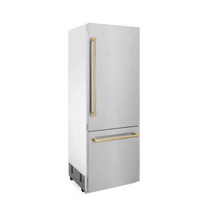 ZLINE 30-Inch Autograph Edition 16.1 cu. ft. Built-in 2-Door Bottom Freezer Refrigerator with Internal Water and Ice Dispenser in Fingerprint Resistant Stainless Steel with Champagne Bronze Accents (RBIVZ-SN-30-CB) - The Home Selection
