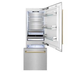 ZLINE 30-Inch Autograph Edition 16.1 cu. ft. Built-in 2-Door Bottom Freezer Refrigerator with Internal Water and Ice Dispenser in Fingerprint Resistant Stainless Steel with Gold Accents (RBIVZ-SN-30-G) - The Home Selection