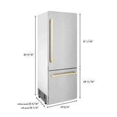 ZLINE 30-Inch Autograph Edition 16.1 cu. ft. Built-in 2-Door Bottom Freezer Refrigerator with Internal Water and Ice Dispenser in Fingerprint Resistant Stainless Steel with Gold Accents (RBIVZ-SN-30-G) - The Home Selection
