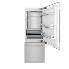 ZLINE 30-Inch Autograph Edition 16.1 cu. ft. Built-in 2-Door Bottom Freezer Refrigerator with Internal Water and Ice Dispenser in Fingerprint Resistant Stainless Steel with Gold Accents (RBIVZ-SN-30-G) - The Home Selection