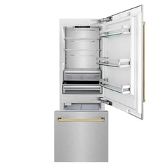 ZLINE 30-Inch Autograph Edition 16.1 cu. ft. Built-in 2-Door Bottom Freezer Refrigerator with Internal Water and Ice Dispenser in Fingerprint Resistant Stainless Steel with Gold Accents (RBIVZ-SN-30-G) - The Home Selection
