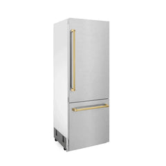 ZLINE 30-Inch Autograph Edition 16.1 cu. ft. Built-in 2-Door Bottom Freezer Refrigerator with Internal Water and Ice Dispenser in Fingerprint Resistant Stainless Steel with Gold Accents (RBIVZ-SN-30-G) - The Home Selection