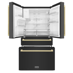 ZLINE 36" Autograph Edition 21.6 cu. ft 4-Door French Door Refrigerator with Water and Ice Dispenser in Black Stainless Steel with Champagne Bronze Square Handles (RFMZ-W36-BS-FCB) - The Home Selection