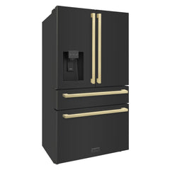 ZLINE 36" Autograph Edition 21.6 cu. ft 4-Door French Door Refrigerator with Water and Ice Dispenser in Black Stainless Steel with Champagne Bronze Square Handles (RFMZ-W36-BS-FCB) - The Home Selection