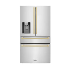 ZLINE 36" Autograph Edition 21.6 cu. ft 4-Door French Door Refrigerator with Water and Ice Dispenser in Stainless Steel with Champagne Bronze Square Handles (RFMZ-W-36-FCB) - The Home Selection
