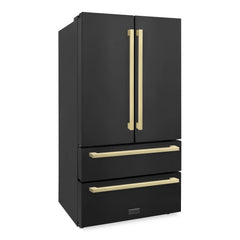 ZLINE 36" Autograph Edition 22.5 cu. ft 4-Door French Door Refrigerator with Ice Maker in Black Stainless Steel with Champagne Bronze Square Handles (RFMZ-36-BS-FCB) - The Home Selection