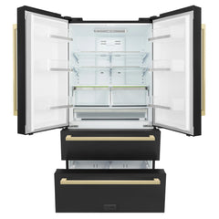 ZLINE 36" Autograph Edition 22.5 cu. ft 4-Door French Door Refrigerator with Ice Maker in Black Stainless Steel with Champagne Bronze Square Handles (RFMZ-36-BS-FCB) - The Home Selection