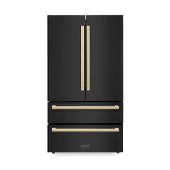ZLINE 36" Autograph Edition 22.5 cu. ft 4-Door French Door Refrigerator with Ice Maker in Black Stainless Steel with Champagne Bronze Square Handles (RFMZ-36-BS-FCB) - The Home Selection