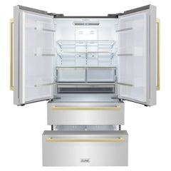 ZLINE 36" Autograph Edition 22.5 cu. ft 4-Door French Door Refrigerator with Ice Maker in Stainless Steel with Champagne Bronze Square Handles (RFMZ-36-FCB) - The Home Selection