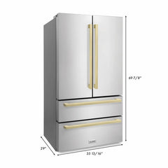 ZLINE 36" Autograph Edition 22.5 cu. ft 4-Door French Door Refrigerator with Ice Maker in Stainless Steel with Champagne Bronze Square Handles (RFMZ-36-FCB) - The Home Selection