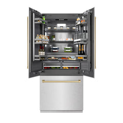 ZLINE 36 in. 19.6 cu. ft. French Door Built-In Bottom Freezer Refrigerator with Water Dispenser and Ice Maker in Satin Stainless Steel with Graphite Gray Interior - GRBIV - The Home Selection