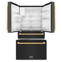 ZLINE 36 in. Autograph Edition 21.6 cu. ft 4-Door French Door Refrigerator with Water and Ice Dispenser in Black Stainless Steel with Polished Gold Modern Handles - RFMZ-W-36-BS-FG - The Home Selection