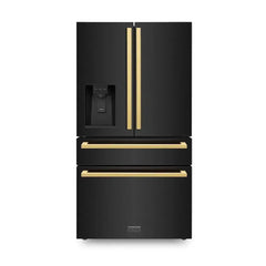 ZLINE 36 in. Autograph Edition 21.6 cu. ft 4-Door French Door Refrigerator with Water and Ice Dispenser in Black Stainless Steel with Polished Gold Modern Handles - RFMZ-W-36-BS-FG - The Home Selection