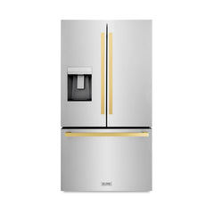 ZLINE 36 in. Autograph Edition 21.6 cu. ft 4-Door French Door Refrigerator with Water and Ice Dispenser in Stainless Steel with Polished Gold Modern Handles - RFMZ-W-36-FG - The Home Selection