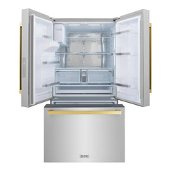 ZLINE 36 in. Autograph Edition 21.6 cu. ft 4-Door French Door Refrigerator with Water and Ice Dispenser in Stainless Steel with Polished Gold Modern Handles - RFMZ-W-36-FG - The Home Selection