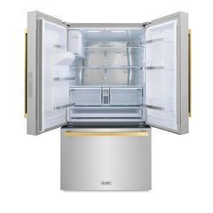ZLINE 36 in. Autograph Edition 21.6 cu. ft 4-Door French Door Refrigerator with Water and Ice Dispenser in Stainless Steel with Polished Gold Modern Handles - RFMZ-W-36-FG - The Home Selection