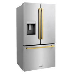 ZLINE 36 in. Autograph Edition 21.6 cu. ft 4-Door French Door Refrigerator with Water and Ice Dispenser in Stainless Steel with Polished Gold Modern Handles - RFMZ-W-36-FG - The Home Selection