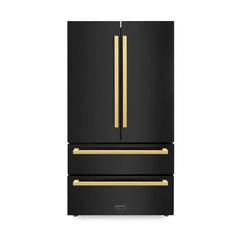 ZLINE 36 in. Autograph Edition 22.5 cu. ft 4-Door French Door Refrigerator with Ice Maker in Black Stainless Steel with Polished Gold Modern Handles RFMZ-36-BS-FG - The Home Selection