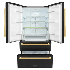 ZLINE 36 in. Autograph Edition 22.5 cu. ft 4-Door French Door Refrigerator with Ice Maker in Black Stainless Steel with Polished Gold Modern Handles RFMZ-36-BS-FG - The Home Selection