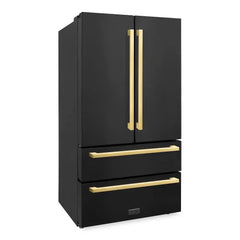 ZLINE 36 in. Autograph Edition 22.5 cu. ft 4-Door French Door Refrigerator with Ice Maker in Black Stainless Steel with Polished Gold Modern Handles RFMZ-36-BS-FG - The Home Selection